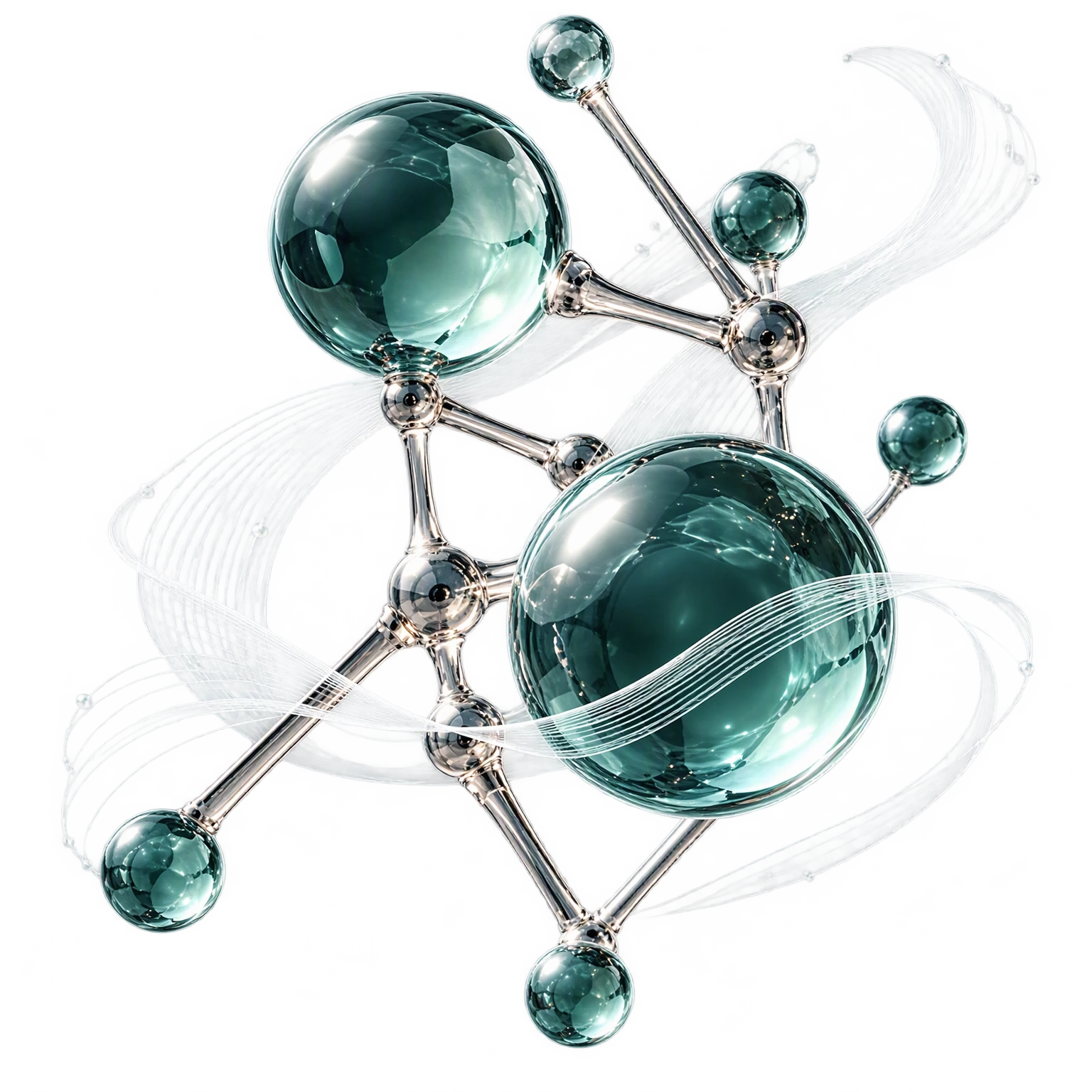 Conceptual 3D illustration — a glass molecule with teal-tinted spheres and chrome bonds, encircled by fine white filaments