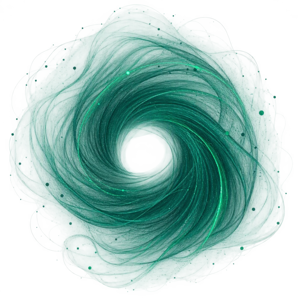 Conceptual illustration of neural patterning — fine teal lines swirling into a circular field